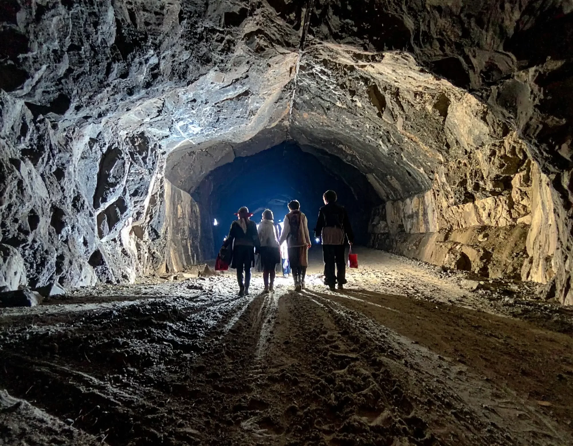 a group of people walking through a cave wearing halloween costumes and holding trick or treating bags
